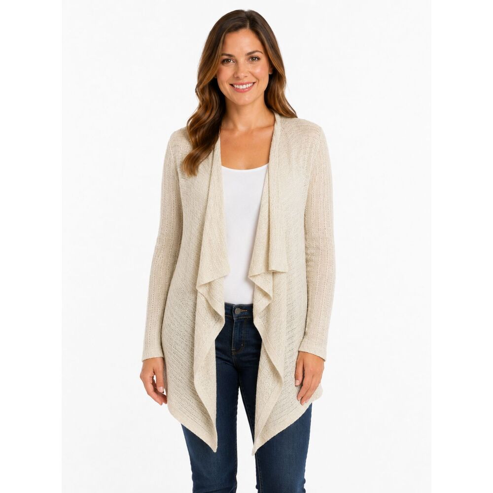 Lyn Open Front Cream Linen Blend Slub Knit Waterfall Cardigan XL NWT